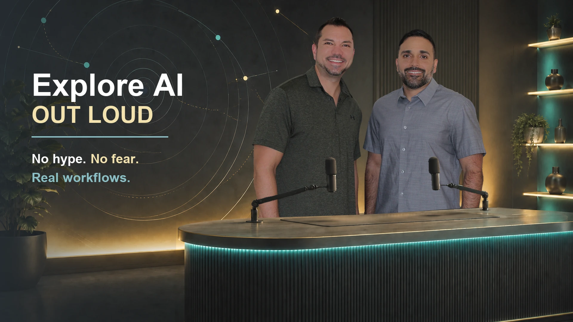 Explore AI Out Loud. No hype. No fear. Real workflows. Santosh and Brandon together in the Studio Beacon setting.